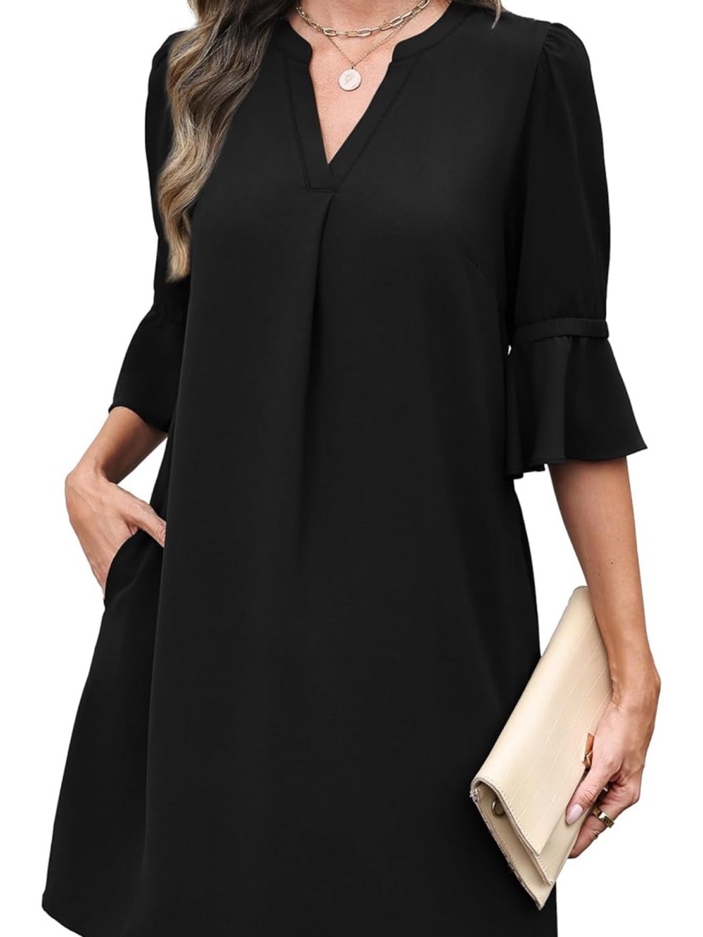 Classic Black V-Neck Ruffle Sleeve Dress